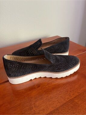 Women’s 6.5 Suede Black Perforated Slip-On Loafers with White Platform Sole